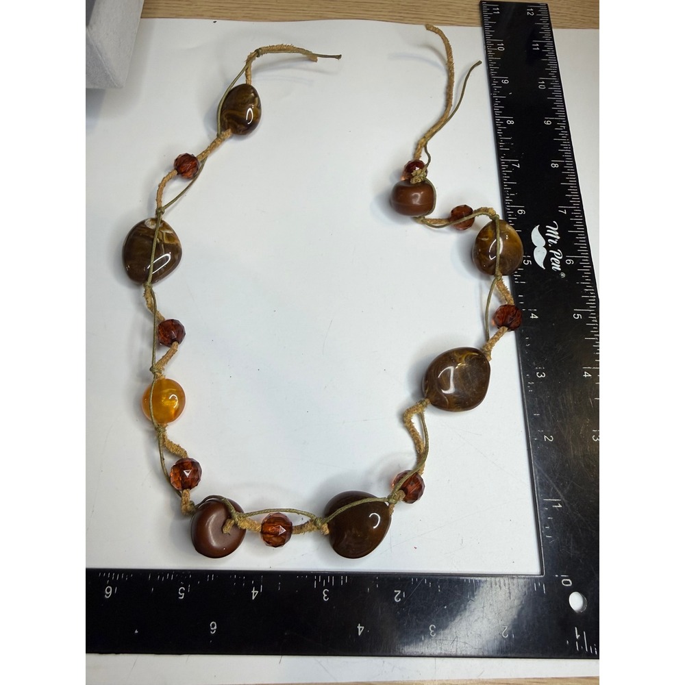 Boho Chunky Marbled Stone Amber Bead Knotted Cord Statement Necklace Brown
